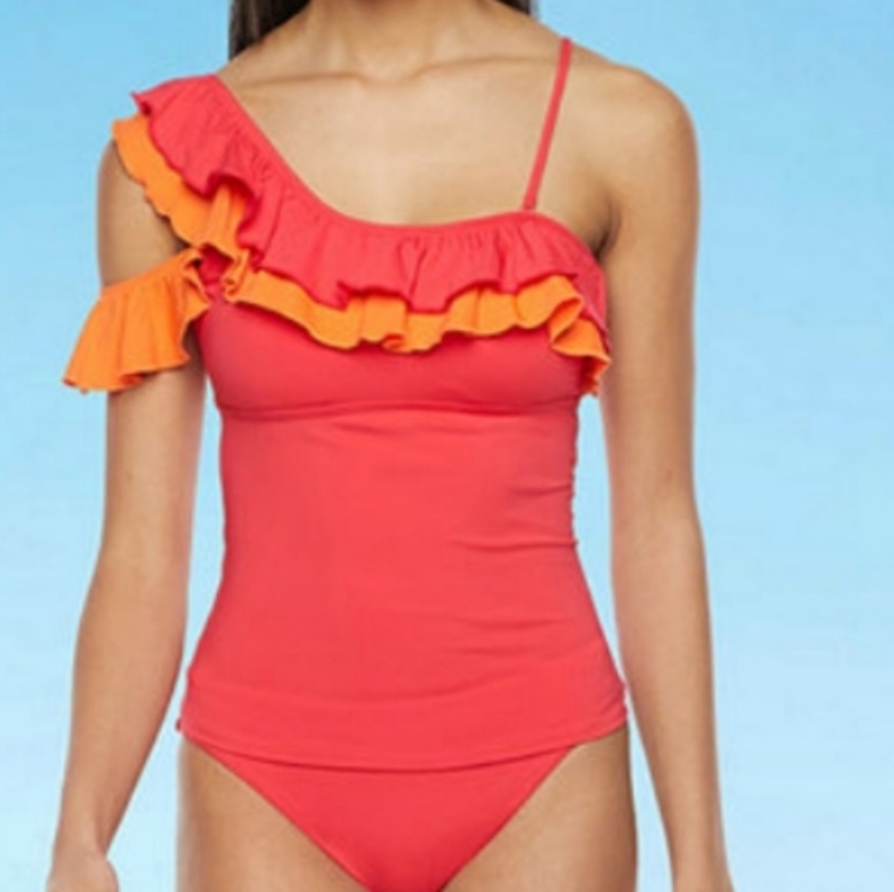 NWT women's "Mynah" orange/red cold shoulder layered tankini-top only